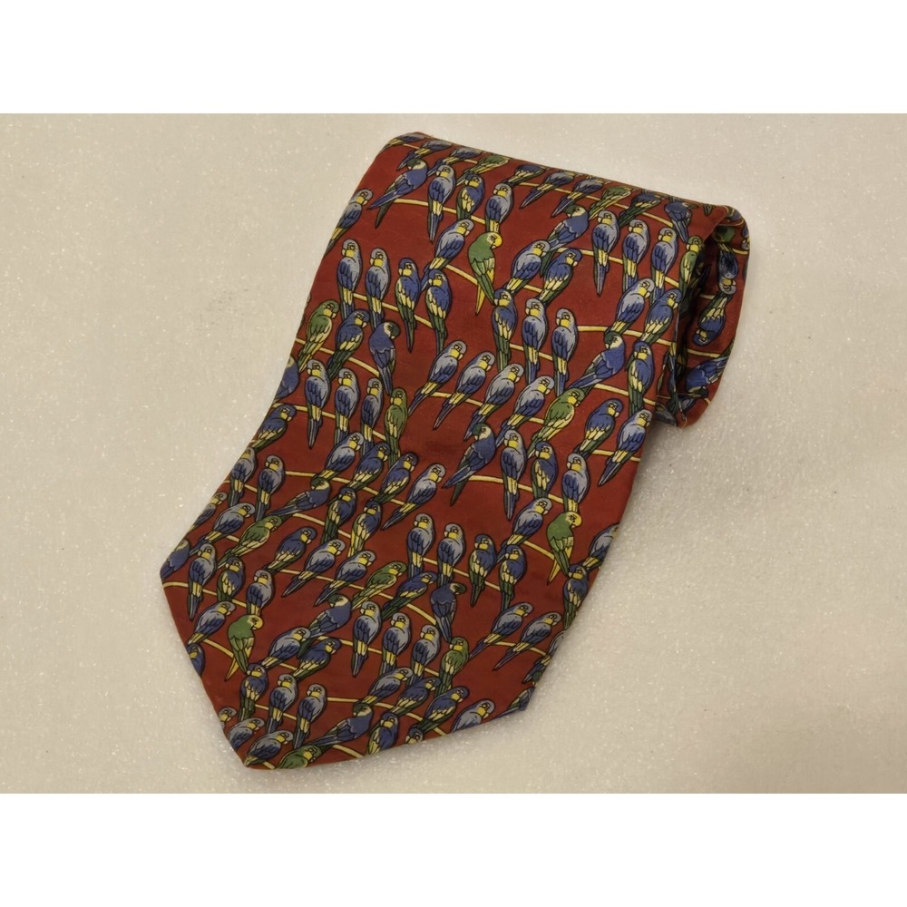 Paul Frederick 100% Silk Necktie Parrot Birds Red Blue Green 56" Made In USA Tie